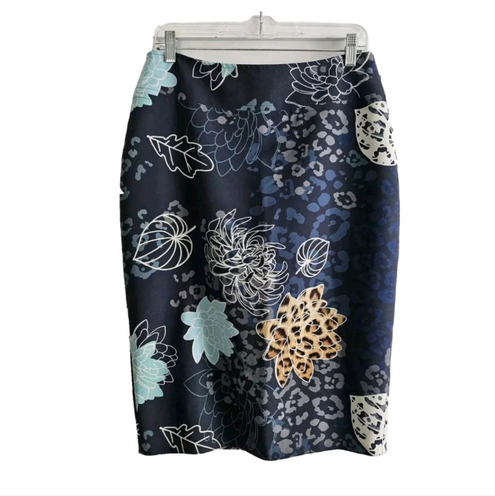 Women Floral Slim Fit Bodycon Blue Skirt Midi Knee-length Size 40 Stretchy